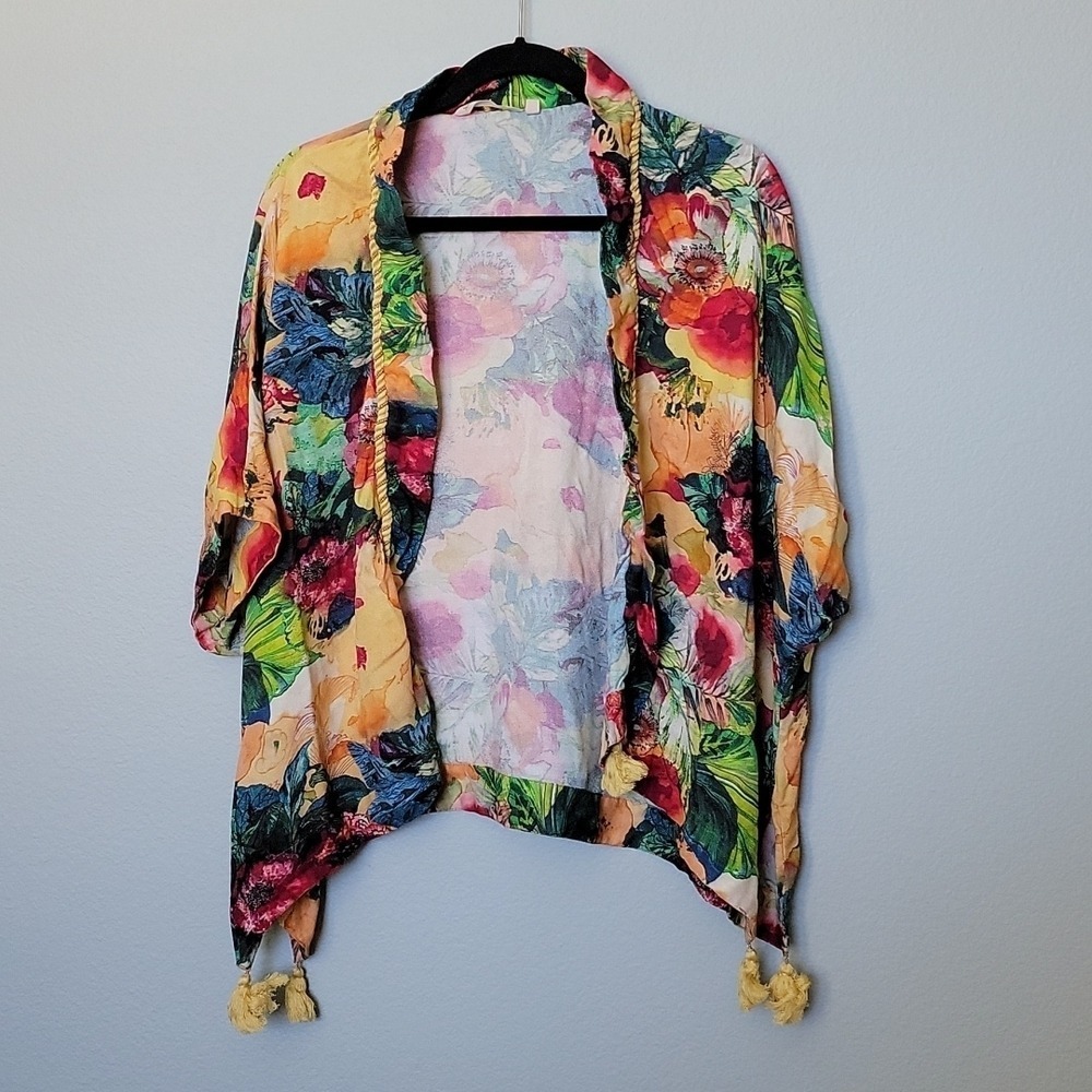 Soft Surroundings Amora Vibrant Watercolor Boho Tassel Topper Kimono PL - Picture 2 of 12